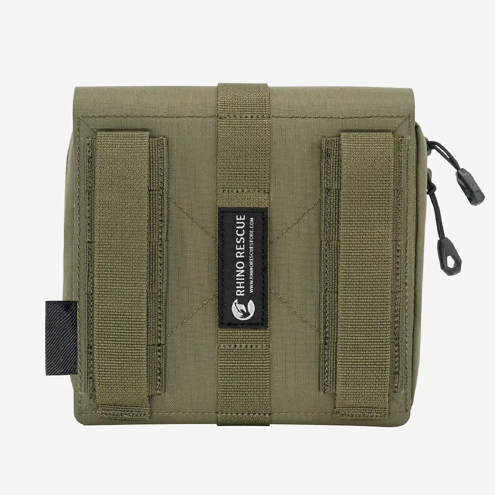 Back view of an olive green tactical pouch featuring MOLLE straps and a Rhino Rescue label.