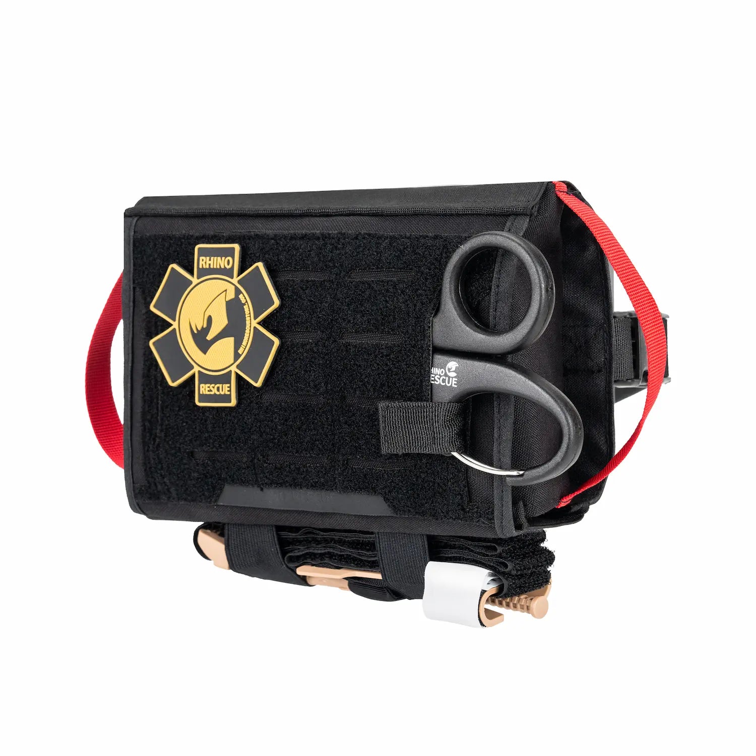 Black tactical kit pouch with a tourniquet and trauma shears.