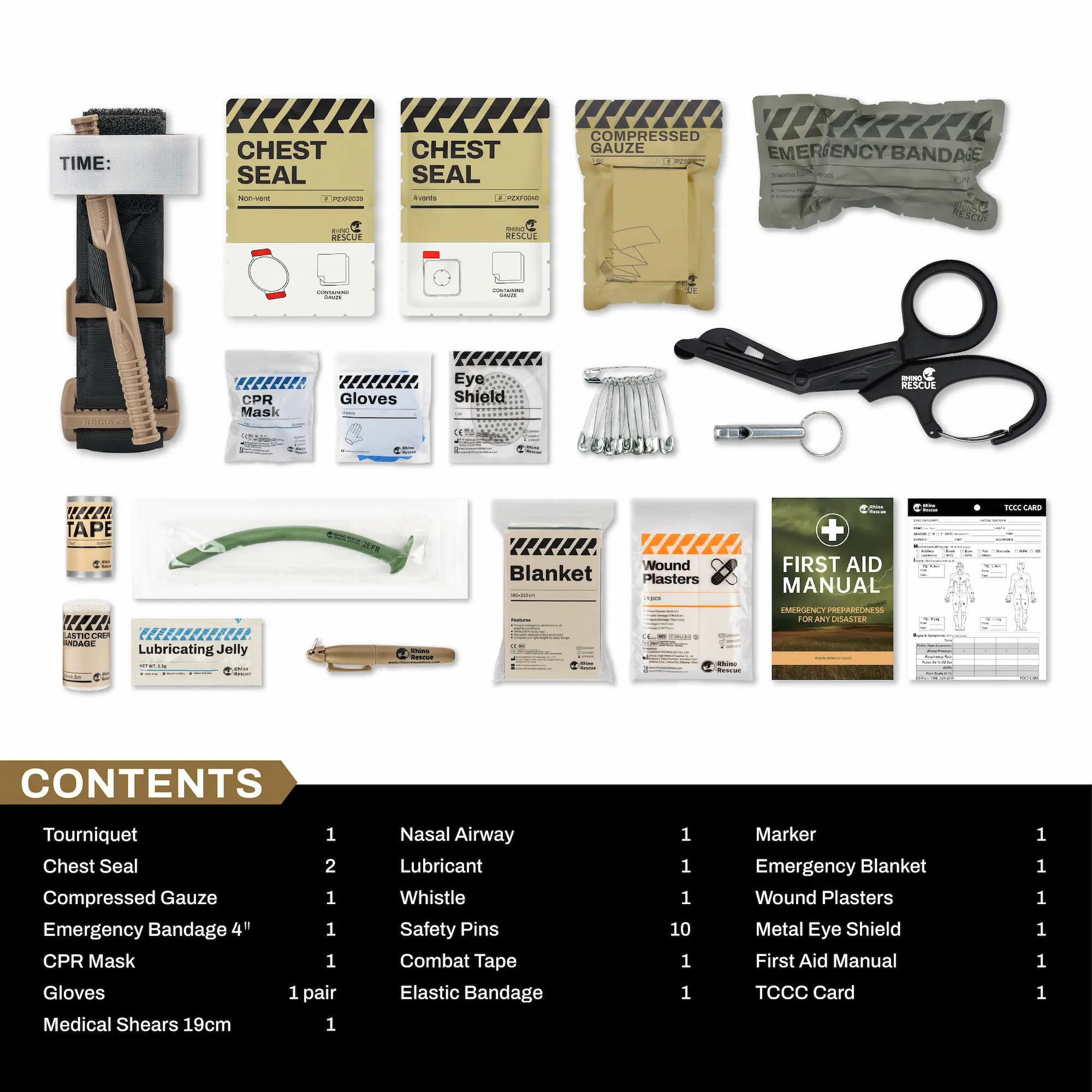 Tactical trauma kit supplies laid out with an itemized contents list.