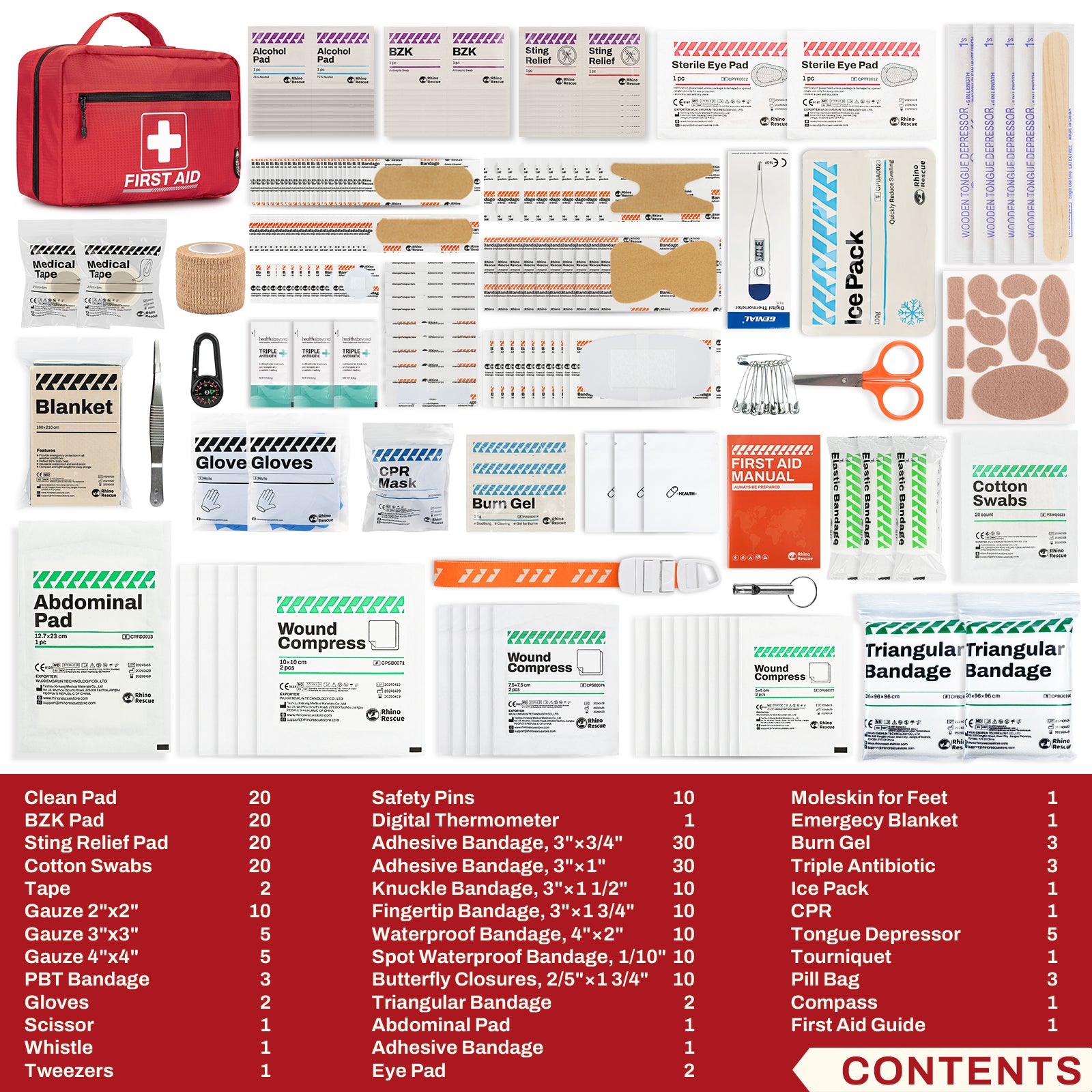 Red first aid bag displayed with its complete contents laid out and an itemized list