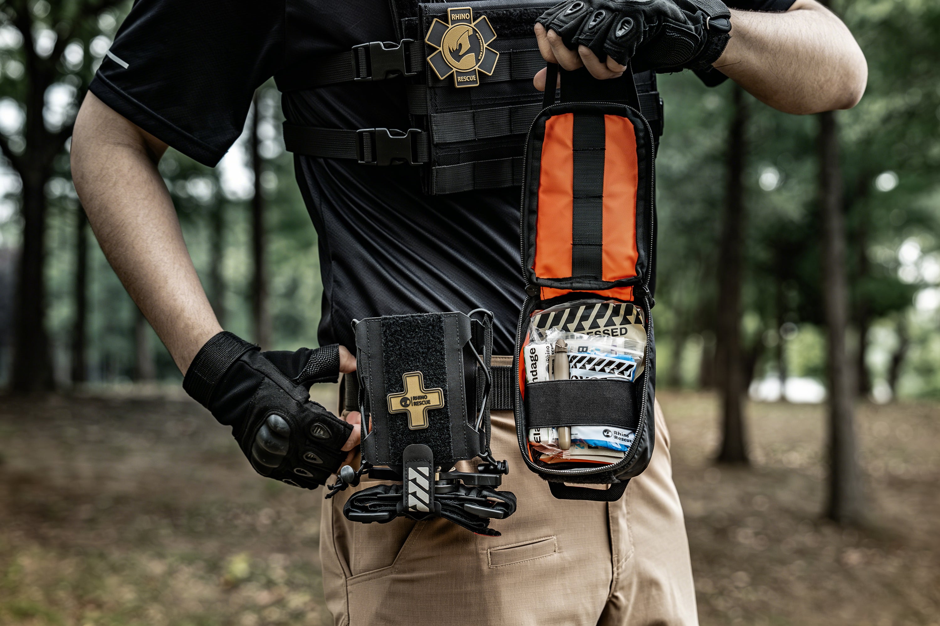 Open Rhino Rescue tactical medical pouch showing organized emergency medical supplies
