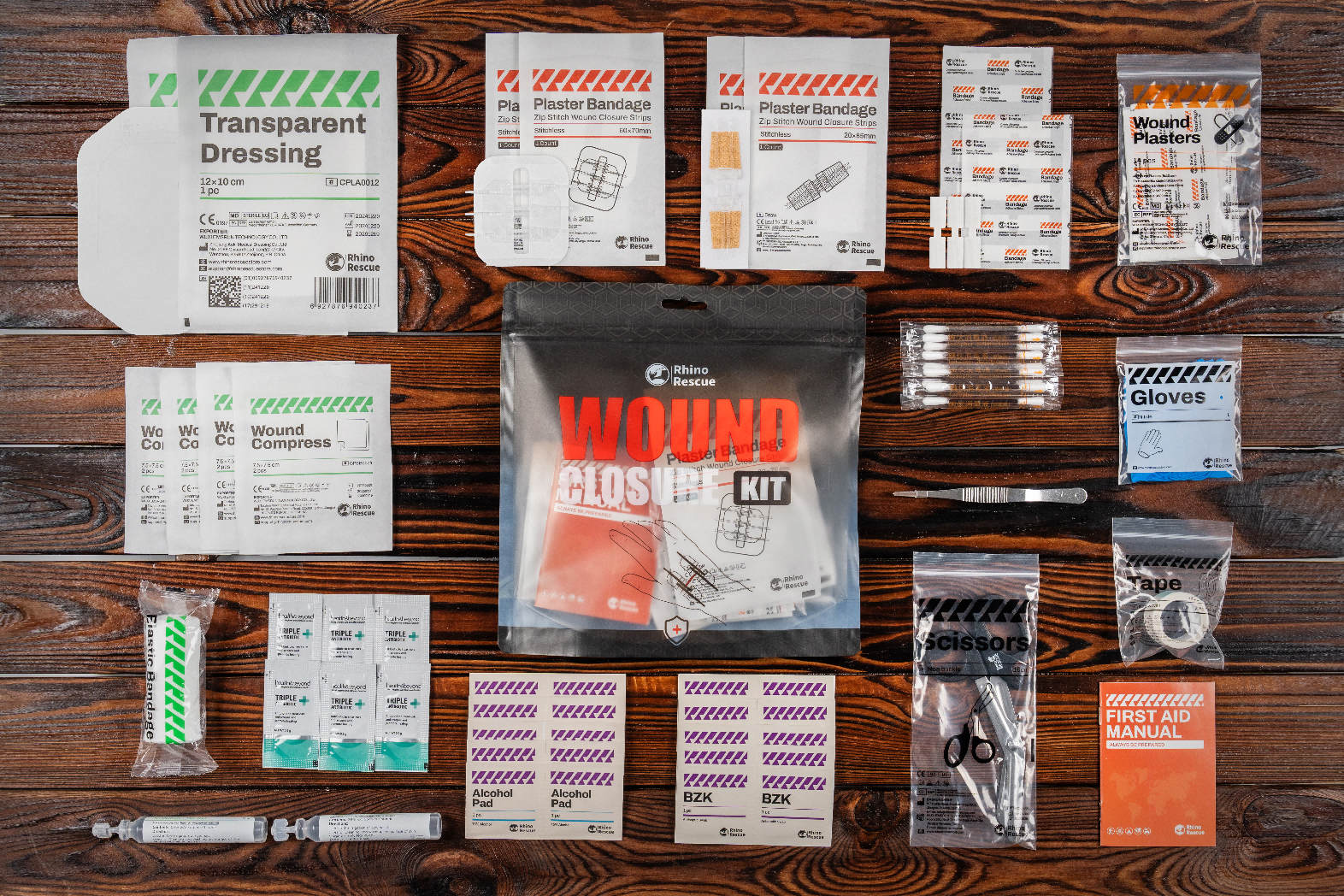 Rhino Rescue Wound Closure Kit pouch and its contents