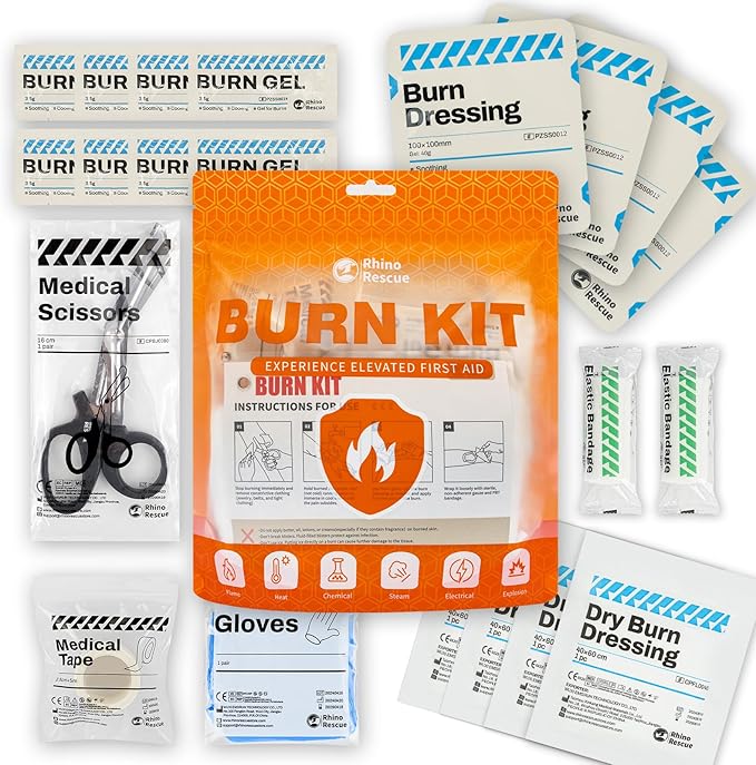 Rhino Rescue™ Burn Kit First Aid Kit Cooling Soothing Cream Relief with Bandage, Nitrile Gloves, Scissors, Tape, HSA/FSA Eligible
