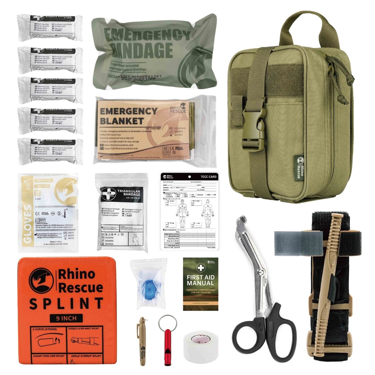 Rhino First Aid Survival Kit - Tactical IFAK Pouch with 21 Essential EMT Items